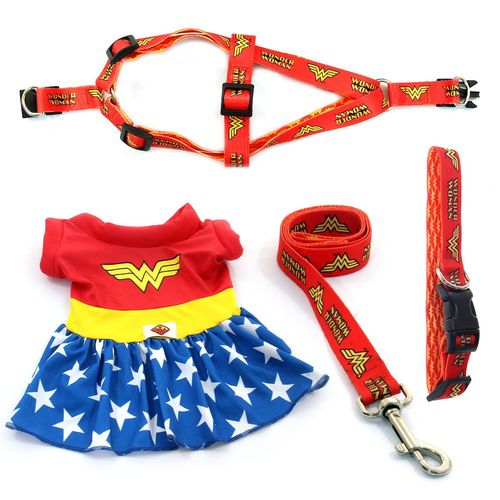 Kit para Cachorro Mulher Maravilha - Fantasia + Peitoral + Guia e Coleira