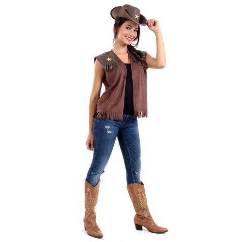 Fantasia Cowgirl Adulto Festa Junina Kit Colete e Chapéu Marrom