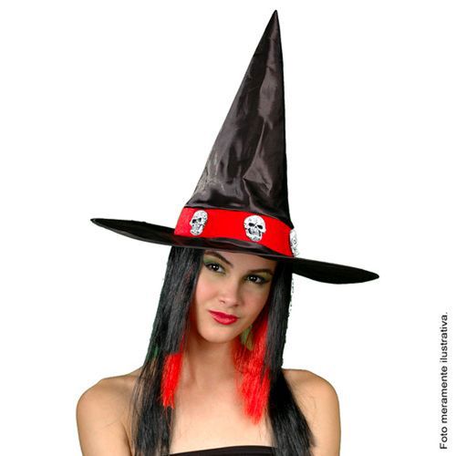 Chapéu de Bruxa  Preto / Vermelho com Caveira