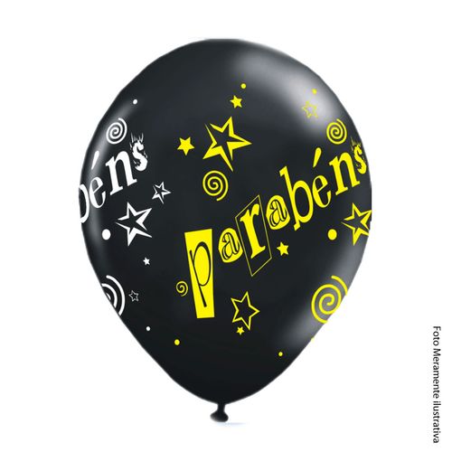 Balão Ballontech Parabens Preto Nº 10(25cm) - 25 Unidades