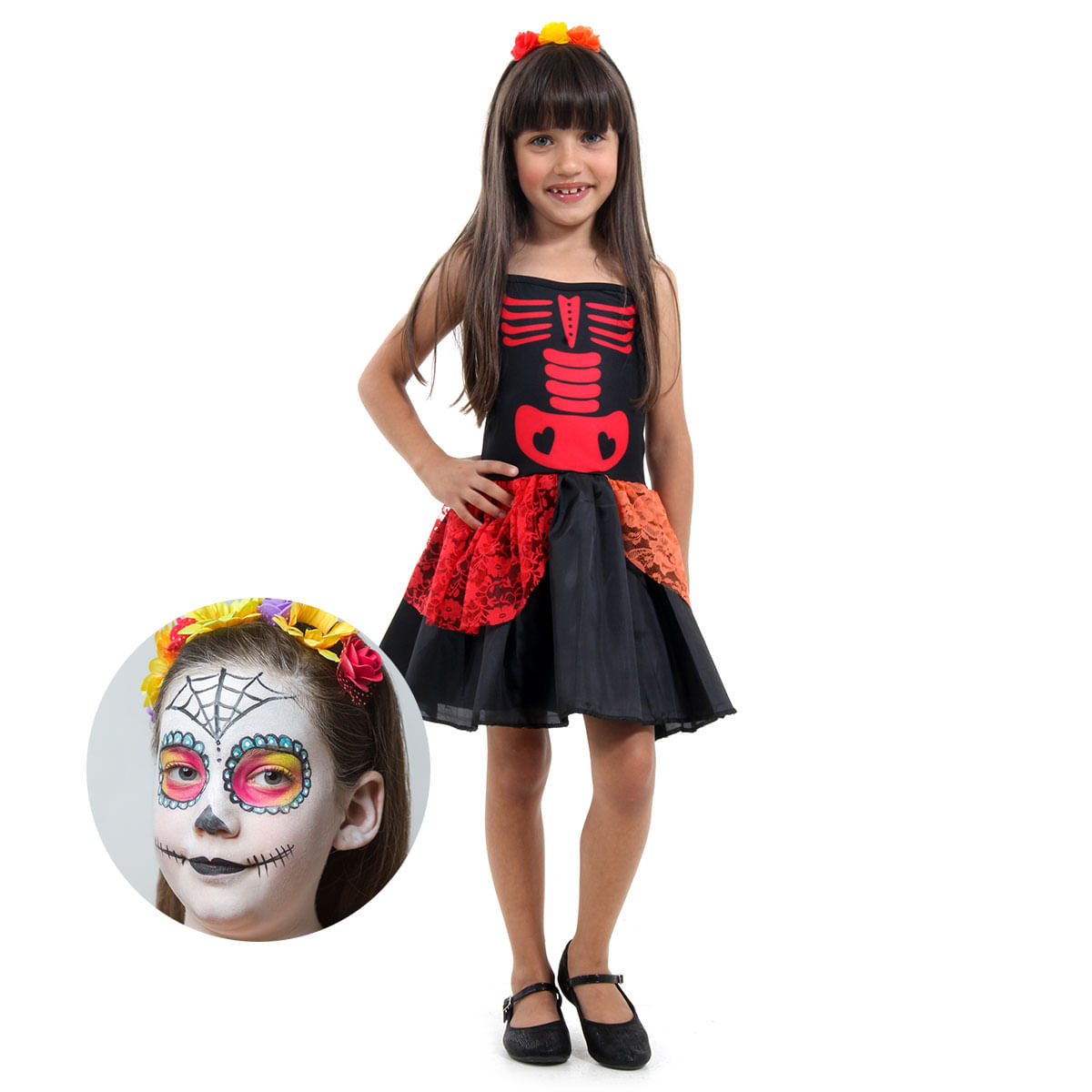 Fantasia Caveira Mexicana com Maquiagem Infantil - Dia das Bruxas