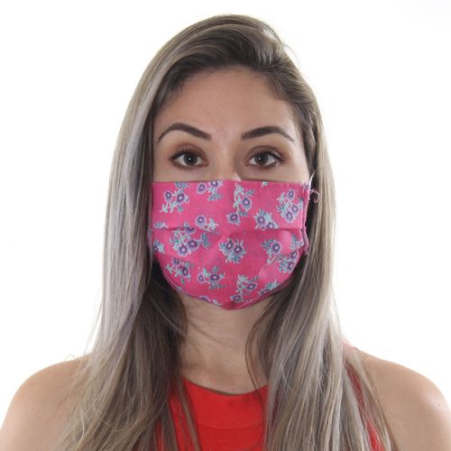 Máscara de Tecido Dupla Camada Lavável Adulto - Pink com Flores