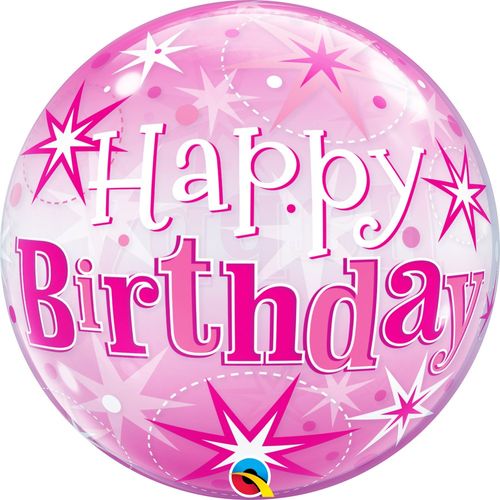 Balão Bubbles 22 Polegadas - 56cm - Happy BirthDay Rosa com Estrelas  - Qualatex