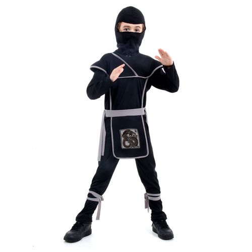 Fantasia Ninja Preto e Cinza Longo Infantil - Guerreiro Ninja