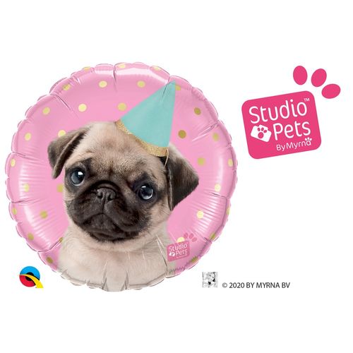 Balão Metalizado Redondo Studio Pets 18 Polegadas - 46cm - Festa Pug - Qualatex