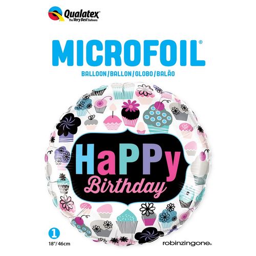 Balão Metalizado Microfoil 18 Polegadas - 46cm - Happy Brithday Capcakes - Qualatex