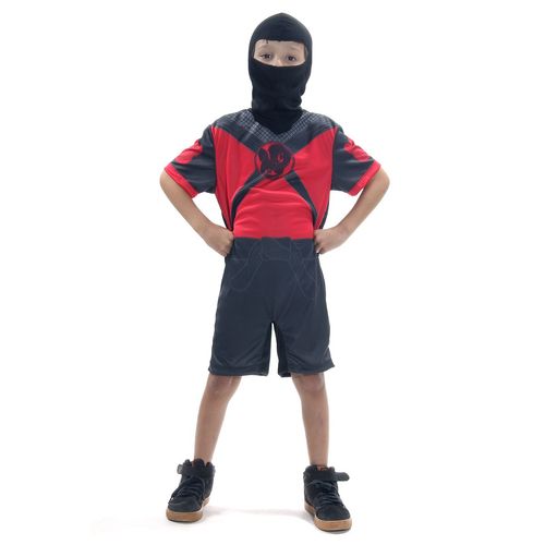 Fantasia Ninja Preto e Vermelho Curto Infantil com Capuz