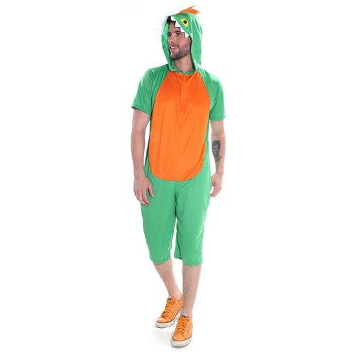 Fantasia Dinossauro Verde e Laranja Kigurumi Curto Adulto com Capuz