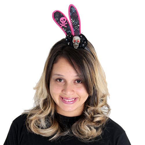 Tiara de Coelho Preta e Rosa com Caveira Festa Halloween