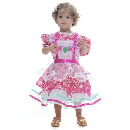 Vestido Festa Junina Bebê Rosa Fantasia Caipira Com Babados