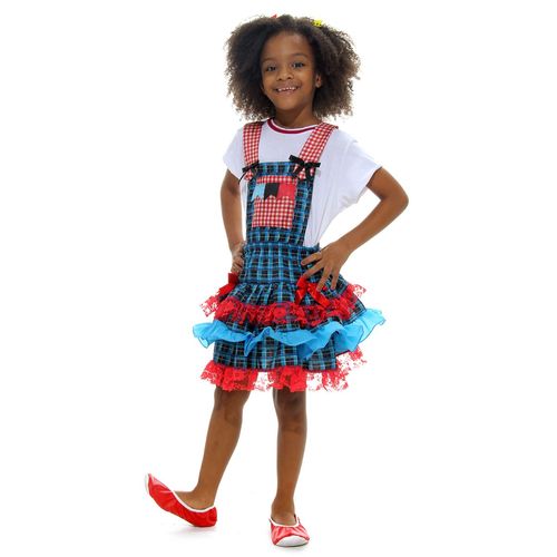 Fantasia Infantil Festa Junina Jardineira Xadrez Azul e Vermelho