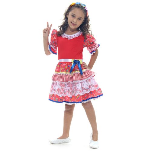 Vestido Festa Junina Infantil Vermelho com Renda e Babados