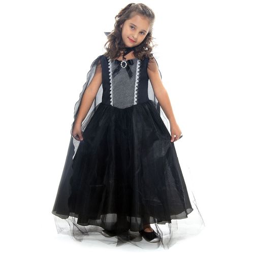Fantasia Vampira Prata Vestido Infantil com Capa - Halloween