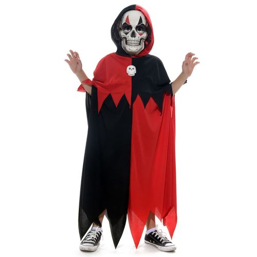 Fantasia Esqueleto Preto e Vermelho Túnica Infantil com Máscara - Halloween