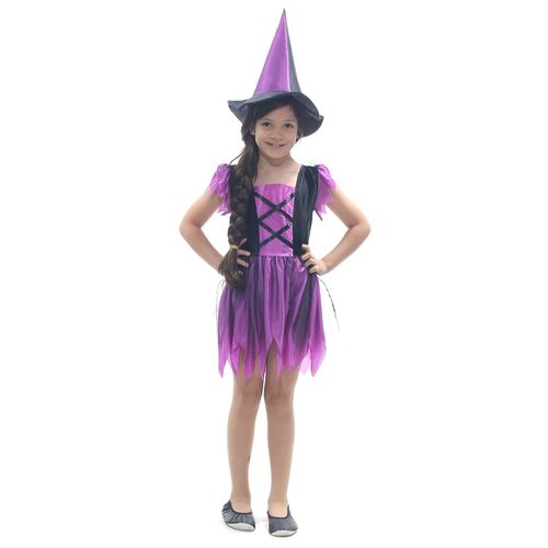 Fantasia Bruxa Encantada Roxa Basic Vestido Infantil com Chapéu - Halloween