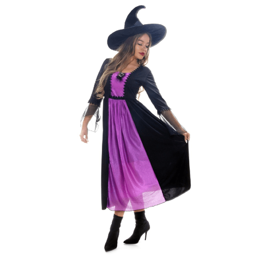 Fantasia Bruxa Roxa Vestido Adulto com Chapéu - Halloween