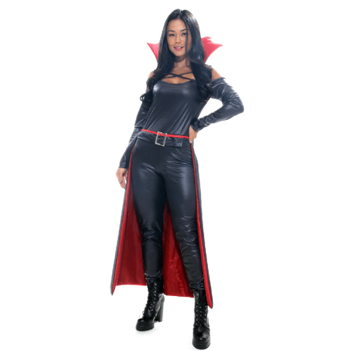 Fantasia Vampira Macacão Adulto com Gola e Capa - Halloween