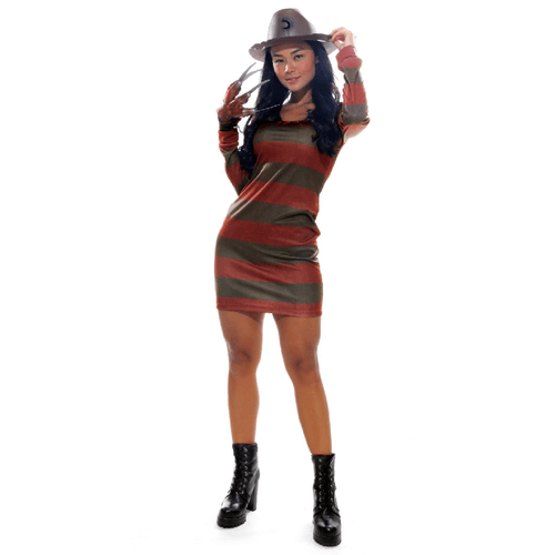 Fantasia Freddy Krueger Feminina Adulto - Vestido com Chapéu