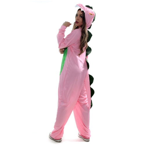 Fantasia Dinossauro Rosa Feminino Kigurumi Adulto com Capuz
