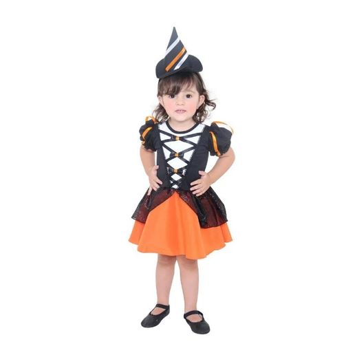 Fantasia Bruxa Encanto Laranja Vestido Bebê com Chapéu - Halloween
