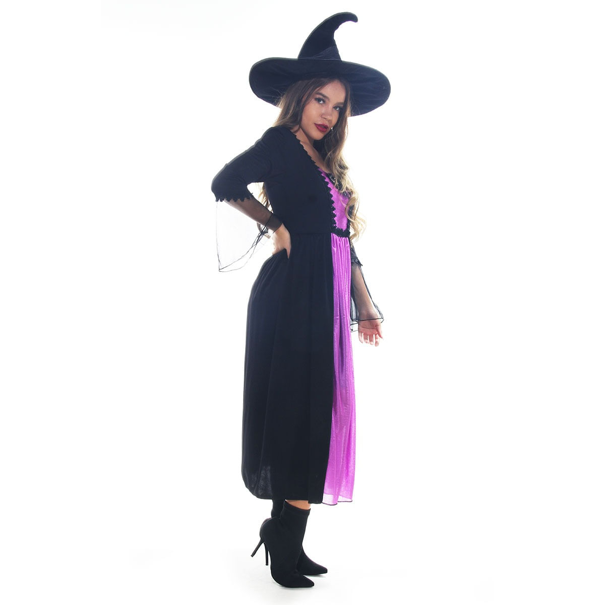 Fantasia Bruxa Moderna Luxo de Halloween Com Chapéu (Roxo, G 44-46)