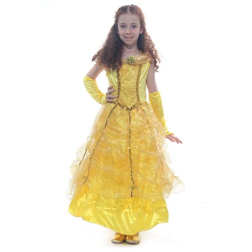 Fantasia Princesa Dourada Vestido Infantil com Luvas
