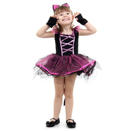 Fantasia Bruxa Gatinha Rosa Vestido Infantil com Tiara - Halloween