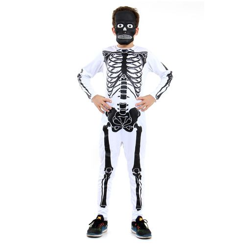 Fantasia Esqueleto Branco e Preto Infantil Longo com Máscara - Halloween