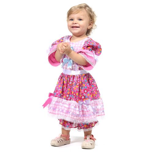 Roupa Festa Junina Bebê Menina Fantasia Rosa Floral com Renda