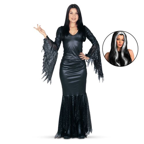 Kit Fantasia Mortícia Com Peruca E Batom Preto Abrakadabra