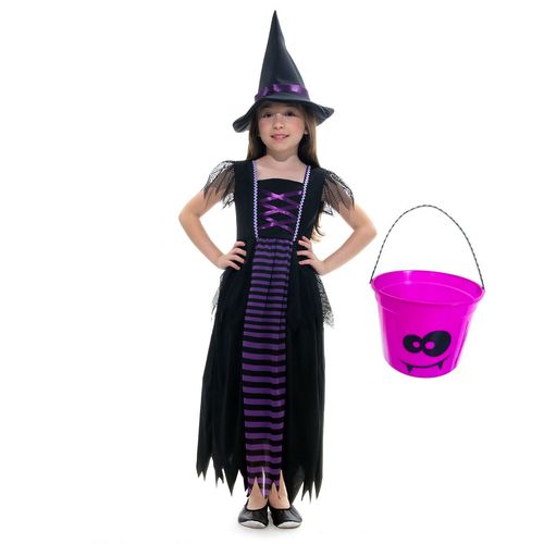 Kit Fantasia Bruxa Roxo Com Baldinho Feliz Roxo Halloween