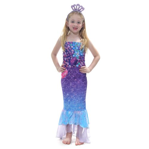 Fantasia Infantil Vestido Sereia Detalhes de Bolhas Azul e Roxa