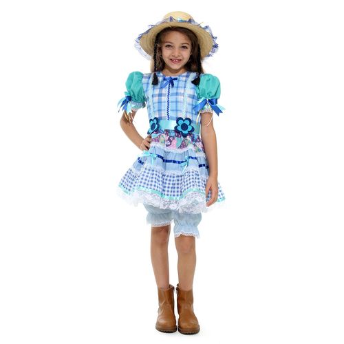 Vestido Festa Junina Infantil Azul Xadrez com Culote e Chapéu