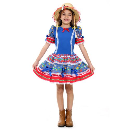 Fantasia Vestido Caipira Babados Luxo Azul com Chapéu - Festa Junina