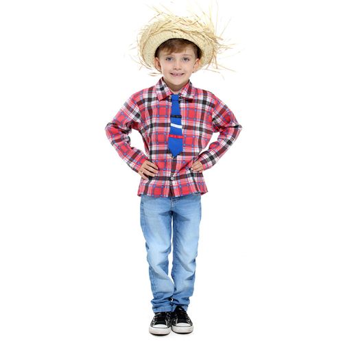 Camisa Festa Junina Xadrez Vermelha Infantil com Gravata e Chapéu