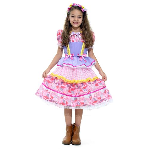 Vestido de Festa Junina Caipira Infantil Lilás com Babados e Tiara