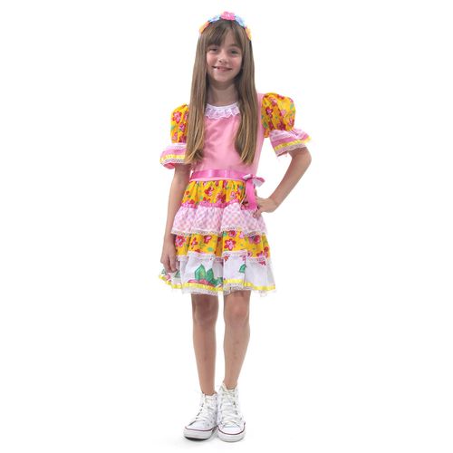 Vestido Junino Infantil Rosa Chic com Tiara Floral