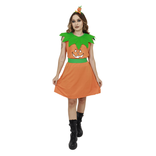Fantasia Feminina Abóbora Halloween Vestido e Tiara Adulto
