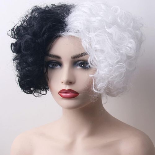 Peruca Curta  Bicolor Cruela Preto e  Branco