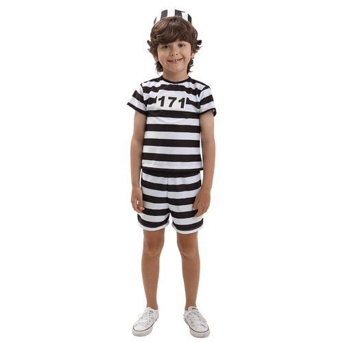Fantasia Infantil Presidiário Preto/Branco Camiseta e Short Curto