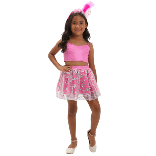 Fantasia Kit Saia e Top Rosa Infantil com Tiara - Carnaval