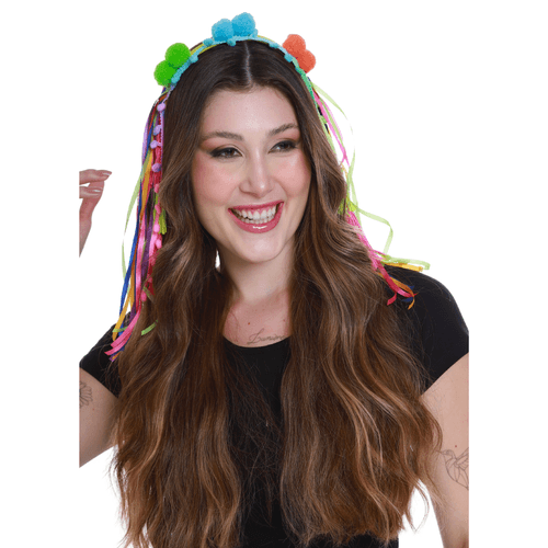 Tiara Pompom com Fitas Coloridas – Acessório de Carnaval