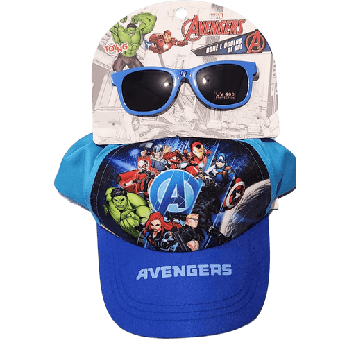 Kit Infantil Marvel Vingadores Boné Azul Heróis com Óculos UV