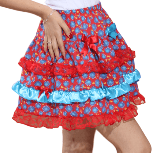 Saia Festa Junina Adulto Vermelha Floral Azul com Laços
