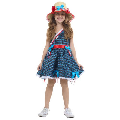Vestido Festa Junina Infantil Xadrez Azul com Laços e Chapéu