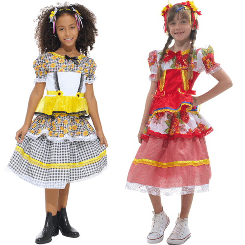 Fantasia Caipira Infantil Chiquinha Floral e Girassol Vestido Festa Junina