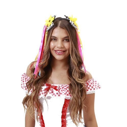 Tiara Festa Junina Laço Xadrez Preto com Fitas e Flores