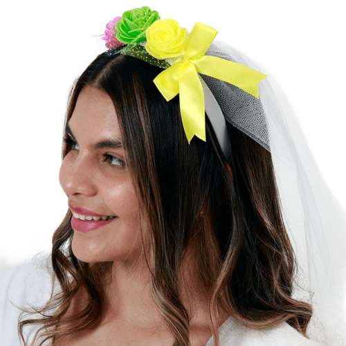 Tiara Festa Junina Noiva com Véu e Flores Coloridas