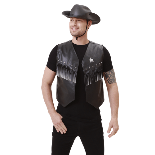 Fantasia Cowboy Preto Adulto Kit Junino com Colete e Chapéu